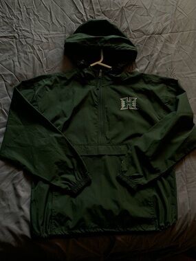 Dark Green Hooded Windbreaker Jacket with Logo